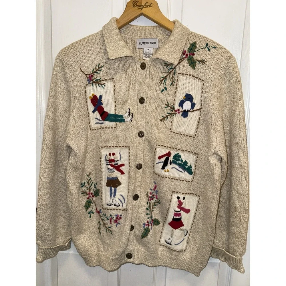 Alfred Dunner Holiday Christmas Cardigan Beige M Embroidered 3D Grandma Cottage